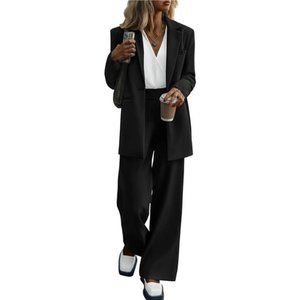 Women's Two Piece Blazer Jacket and Wide Leg Pants Pockets Casual Suit Set
